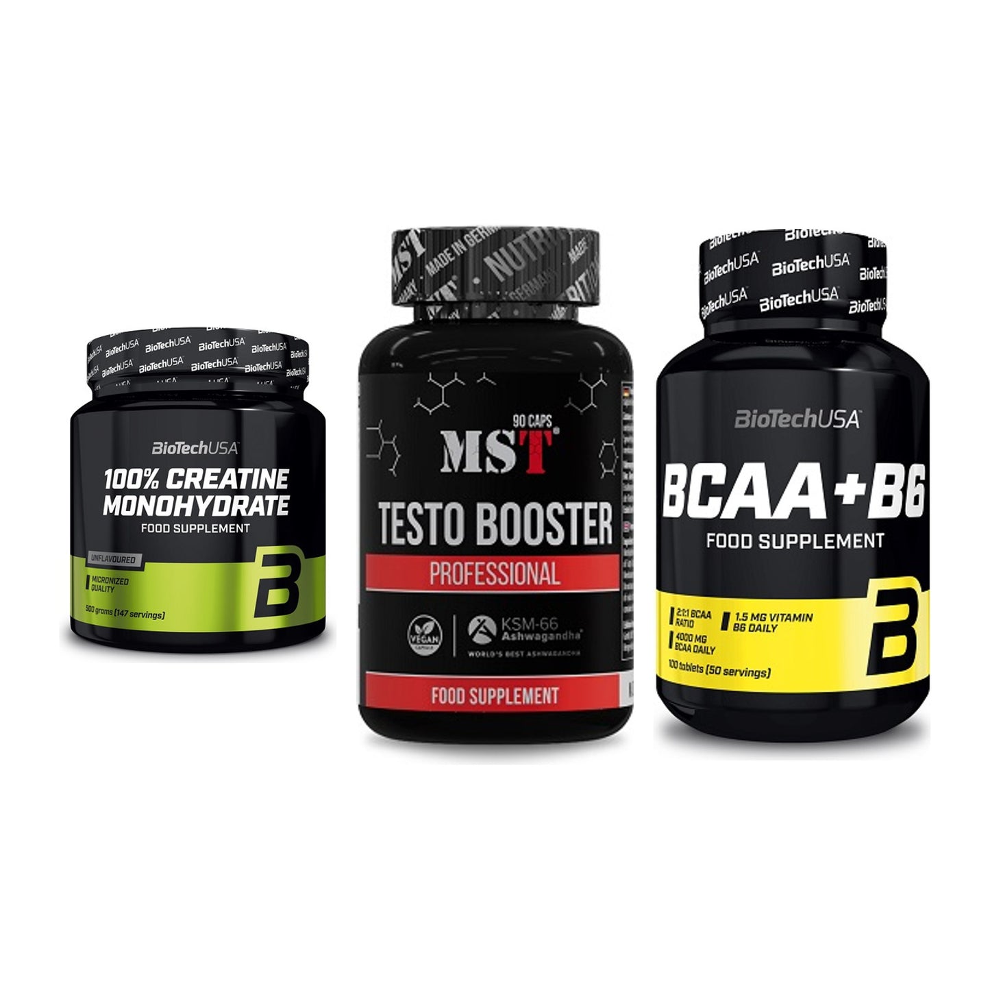Kraft-Stack: BioTech Creatine + MST Testo Booster + BioTech BCAA+B6 – alle enthaltenen Artikel
