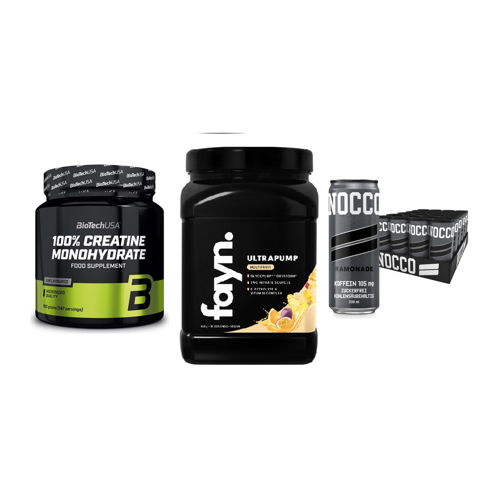 Kraft-Stack: BioTech Creatine + Fayn. Ultrapump + Nocco BCAA Drink – alle enthaltenen Artikel