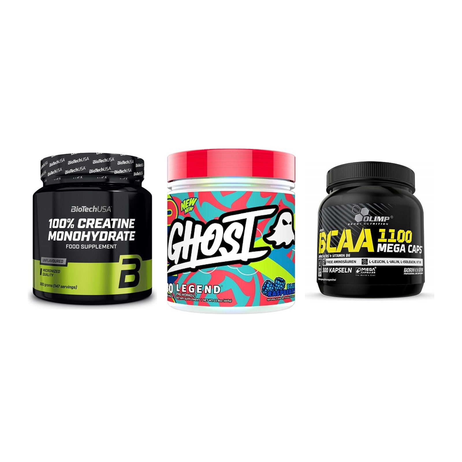 Kraft-Stack: BioTech Creatine + Ghost Legend V4 + Olimp BCAA Mega – alle enthaltenen Artikel