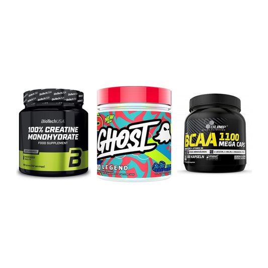 Kraft-Stack: BioTech Creatine + Ghost Legend V4 + Olimp BCAA Mega – alle enthaltenen Artikel