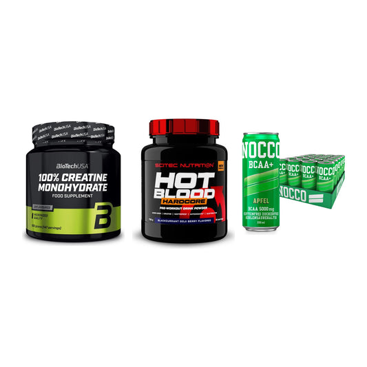 Kraft-Stack: BioTech Creatine + Scitec Hot Blood + Nocco BCAA Drink – alle enthaltenen Artikel