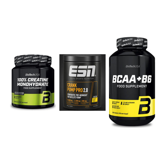 Kraft-Stack: BioTech Creatine + ESN Crank Pump + BioTech BCAA+B6 – alle enthaltenen Artikel