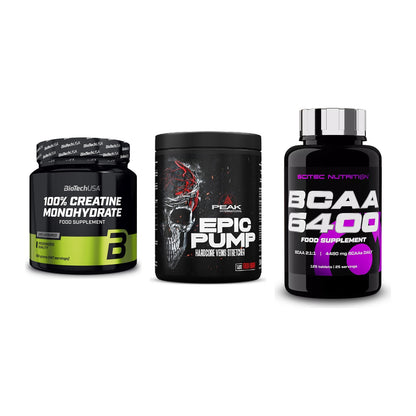 Kraft-Stack: BioTech Creatine + Peak EPIC Pump + Scitec BCAA 6400 – alle enthaltenen Artikel
