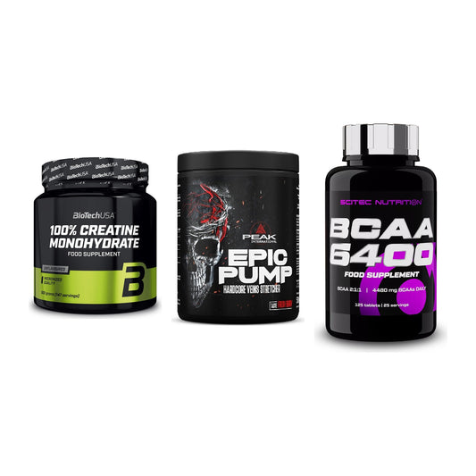 Kraft-Stack: BioTech Creatine + Peak EPIC Pump + Scitec BCAA 6400 – alle enthaltenen Artikel