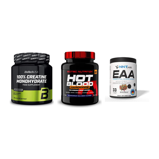 Kraft-Stack: BioTech Creatine + Scitec Hot Blood + NNT EAA – alle enthaltenen Artikel