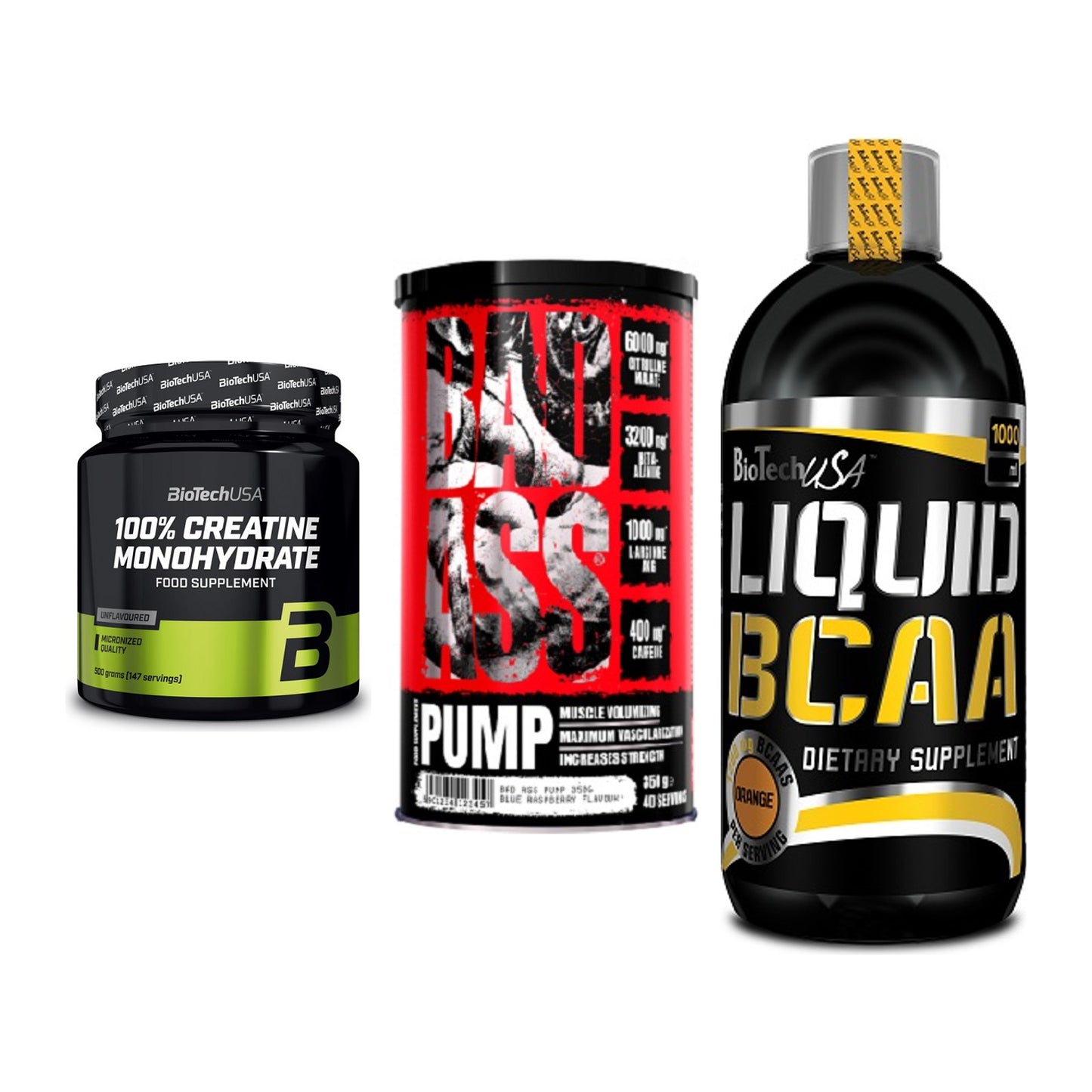 Kraft-Stack: BioTech Creatine + BAD ASS Pump + BioTech Liquid – alle enthaltenen Artikel