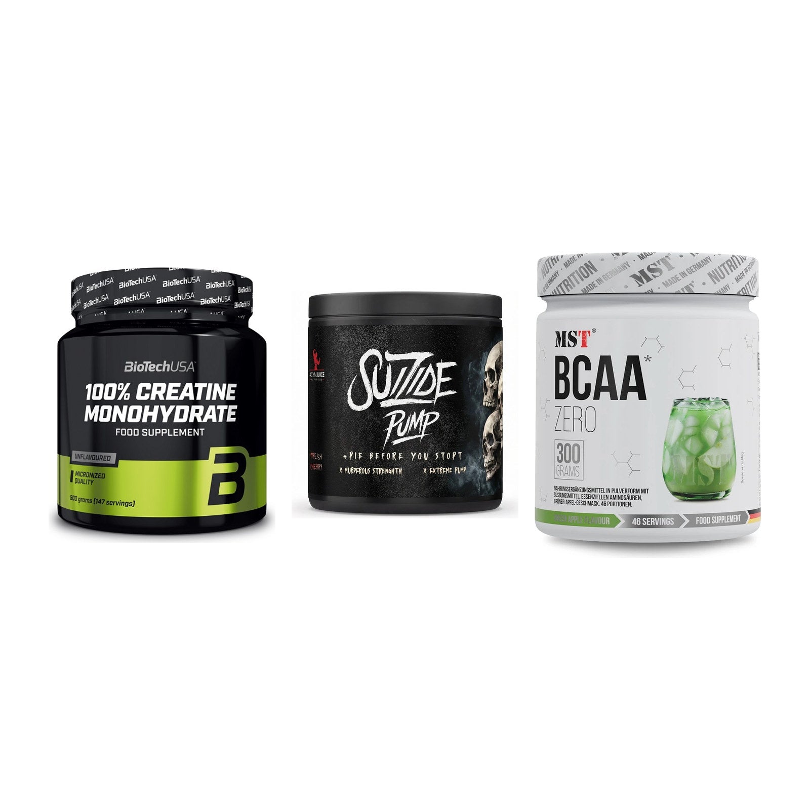 Kraft-Stack: BioTech Creatine + #GYMJUICE SUIZIDE + MST BCAA Zero – alle enthaltenen Artikel
