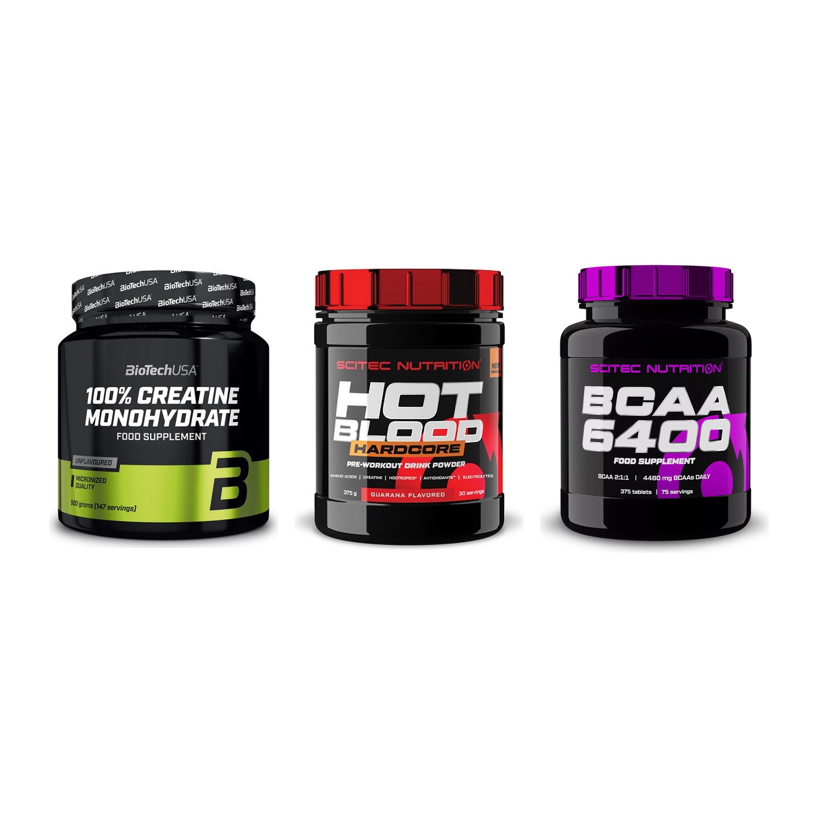 Kraft-Stack: BioTech Creatine + Scitec Hot Blood + Scitec BCAA 6400 – alle enthaltenen Artikel