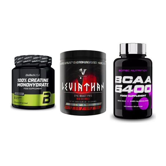 Kraft-Stack: BioTech Creatine + Viking Power + Scitec BCAA 6400 – alle enthaltenen Artikel
