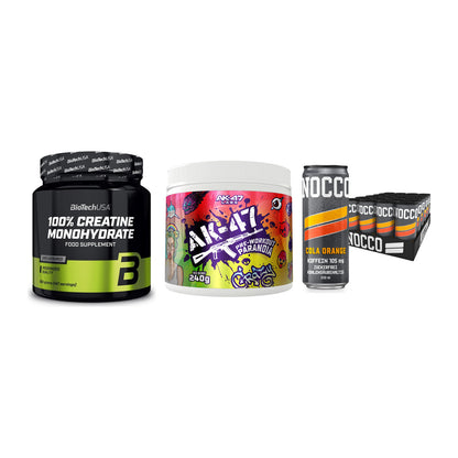 Kraft-Stack: BioTech Creatine + AK47 Labs + Nocco BCAA Drink – alle enthaltenen Artikel