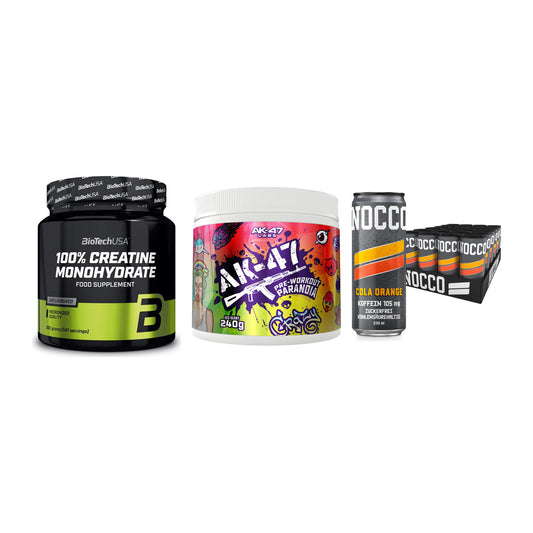 Kraft-Stack: BioTech Creatine + AK47 Labs + Nocco BCAA Drink – alle enthaltenen Artikel