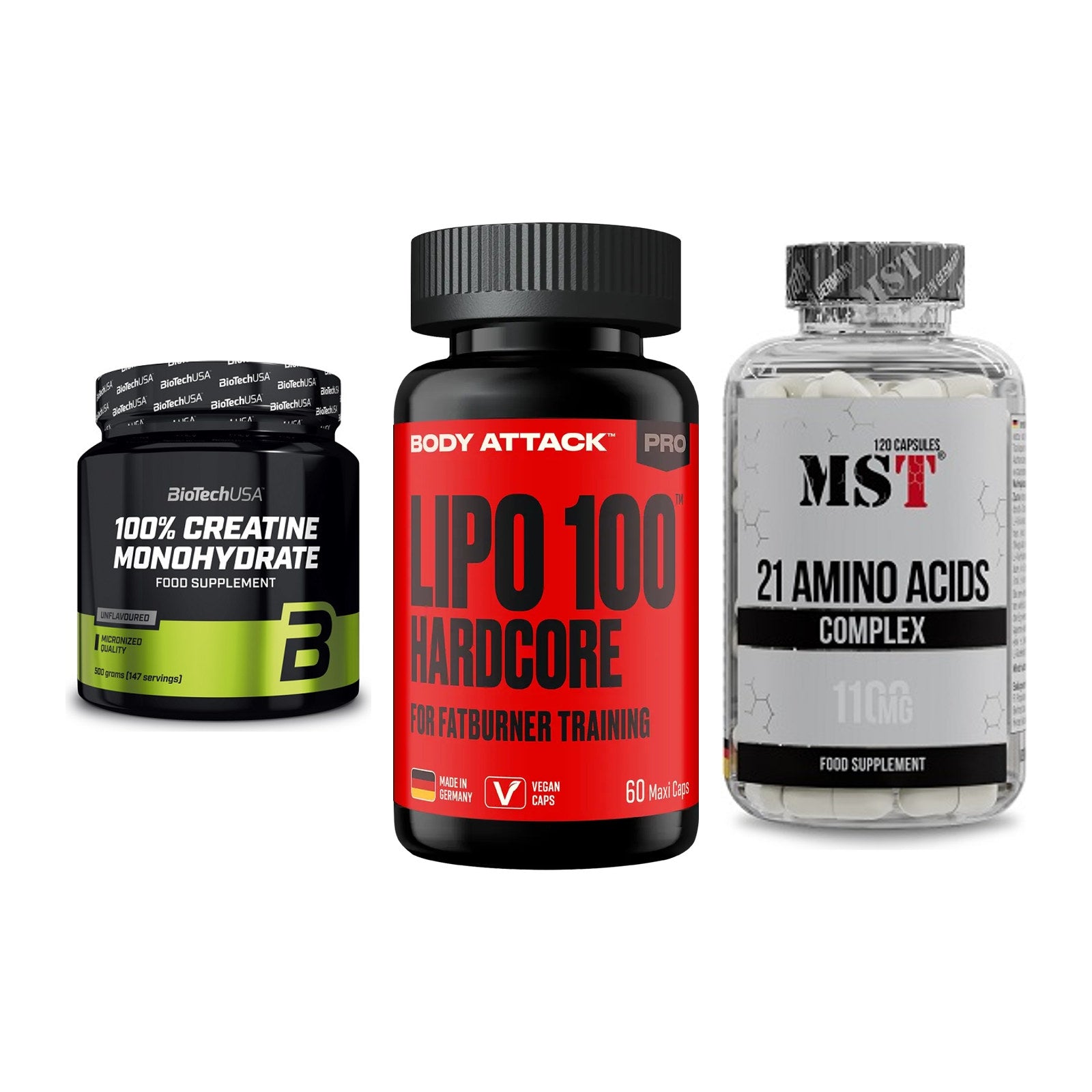 Kraft-Stack: BioTech Creatine + Body Attack LIPO + MST 21 Amino – alle enthaltenen Artikel