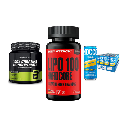 Kraft-Stack: BioTech Creatine + Body Attack LIPO + Nocco BCAA Drink – alle enthaltenen Artikel