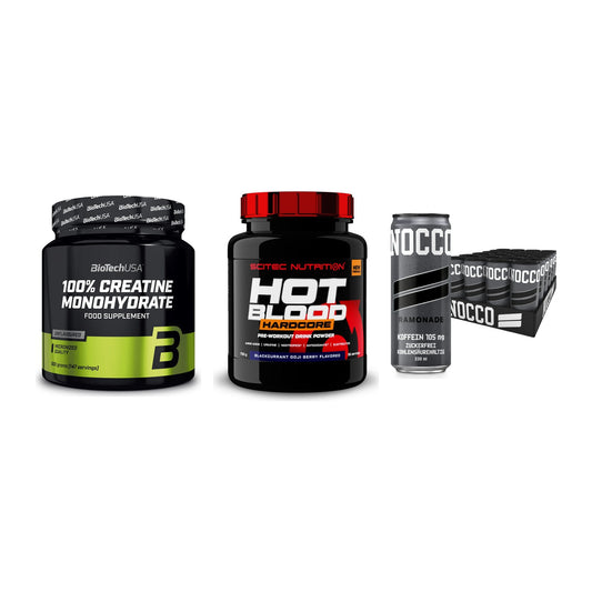 Kraft-Stack: BioTech Creatine + Scitec Hot Blood + Nocco BCAA Drink – alle enthaltenen Artikel