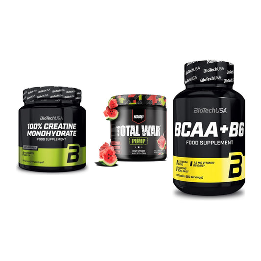 Kraft-Stack: BioTech Creatine + Redcon1 Total War + BioTech BCAA+B6 – alle enthaltenen Artikel