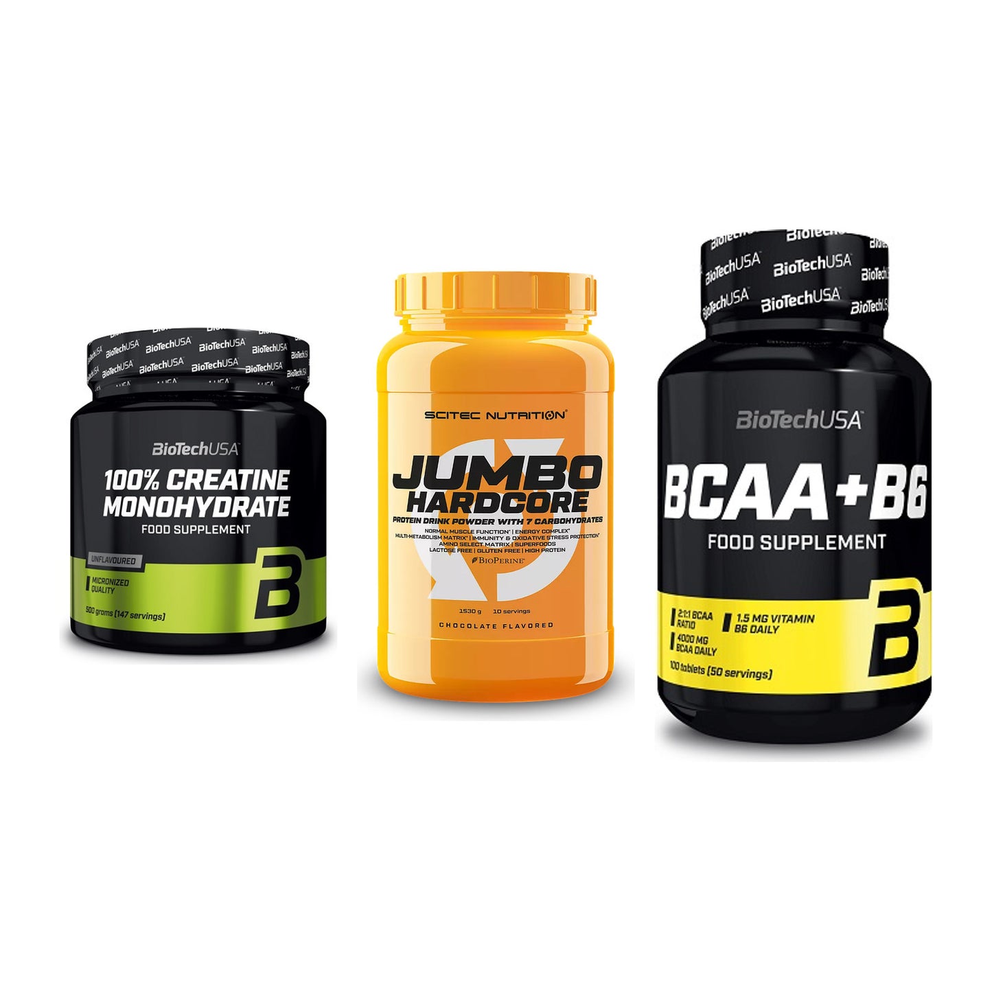 Kraft-Stack: BioTech Creatine + Scitec Jumbo + BioTech BCAA+B6 – alle enthaltenen Artikel