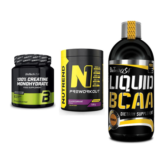 Kraft-Stack: BioTech Creatine + Nutrend N1 + BioTech Liquid – alle enthaltenen Artikel