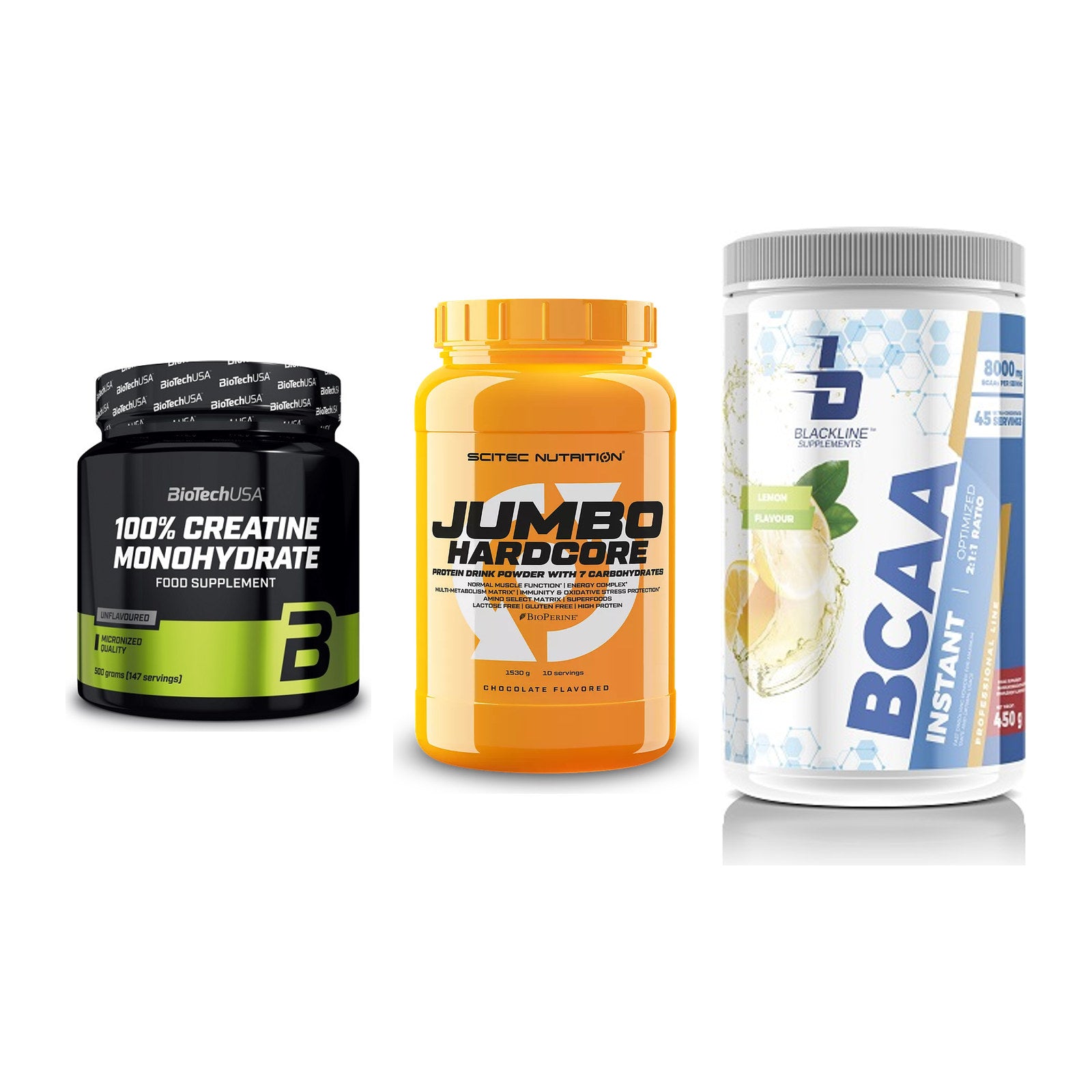 Kraft-Stack: BioTech Creatine + Scitec Jumbo + Blackline – alle enthaltenen Artikel