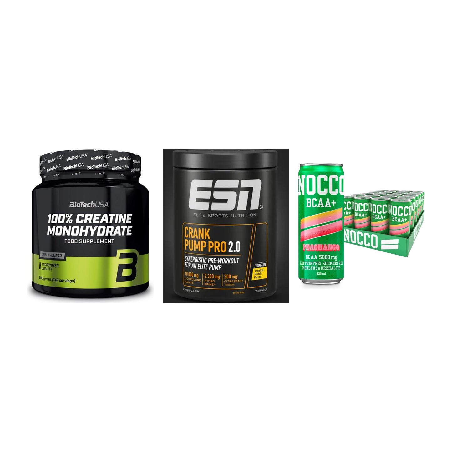 Kraft-Stack: BioTech Creatine + ESN Crank Pump + Nocco BCAA Drink – alle enthaltenen Artikel