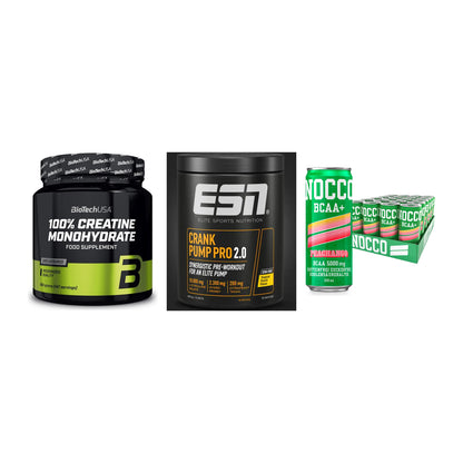Kraft-Stack: BioTech Creatine + ESN Crank Pump + Nocco BCAA Drink – alle enthaltenen Artikel