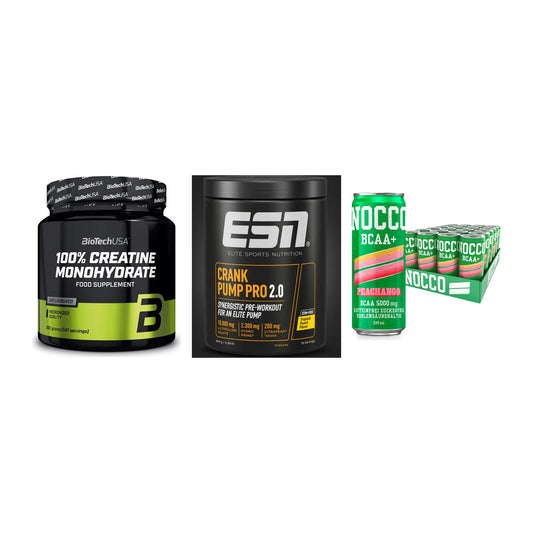 Kraft-Stack: BioTech Creatine + ESN Crank Pump + Nocco BCAA Drink – alle enthaltenen Artikel