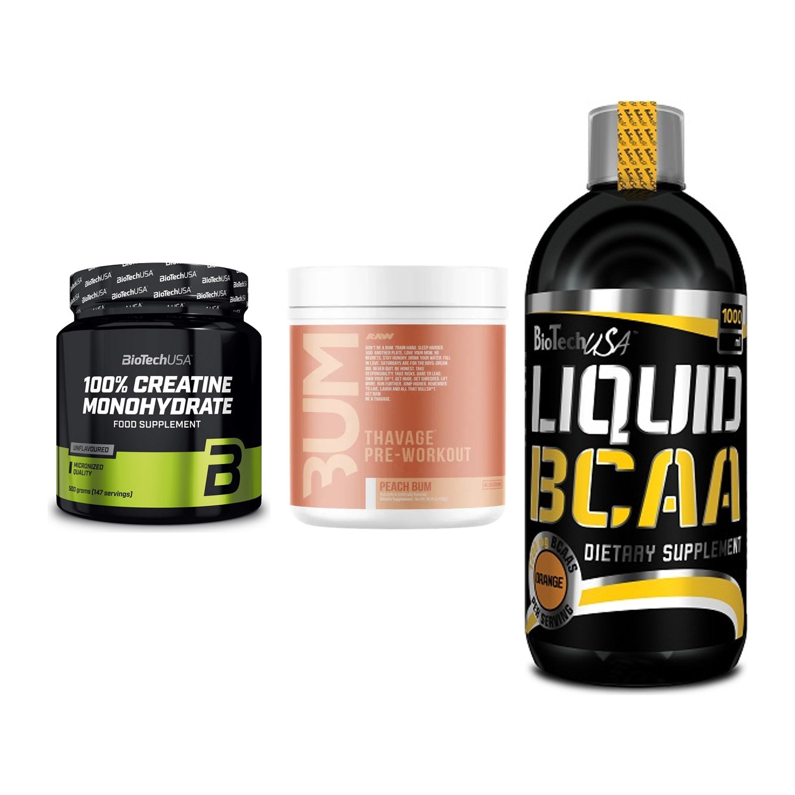 Kraft-Stack: BioTech Creatine + RAW Nutrition + BioTech Liquid – alle enthaltenen Artikel