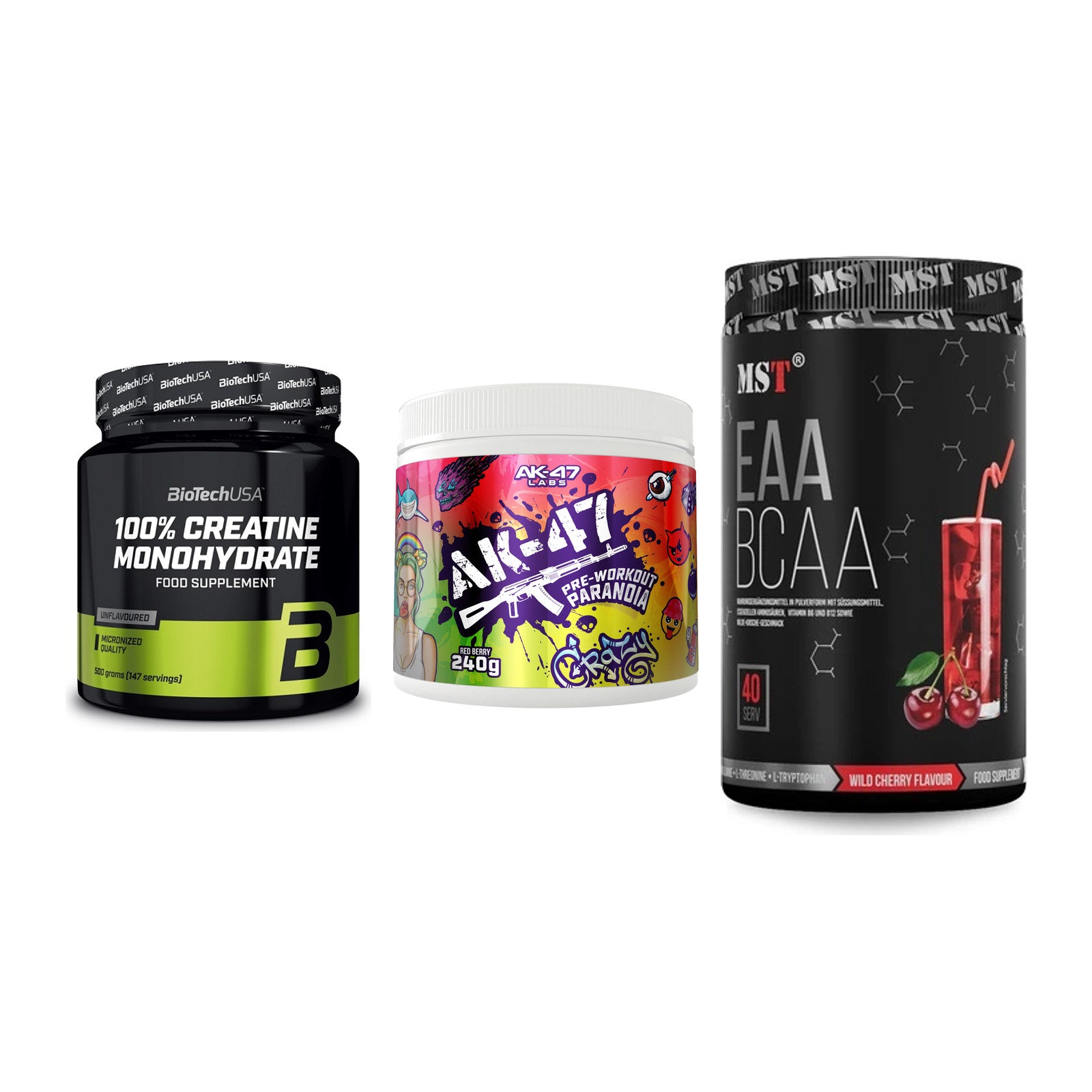 Kraft-Stack: BioTech Creatine + AK47 Labs + MST EAA & BCAA – alle enthaltenen Artikel