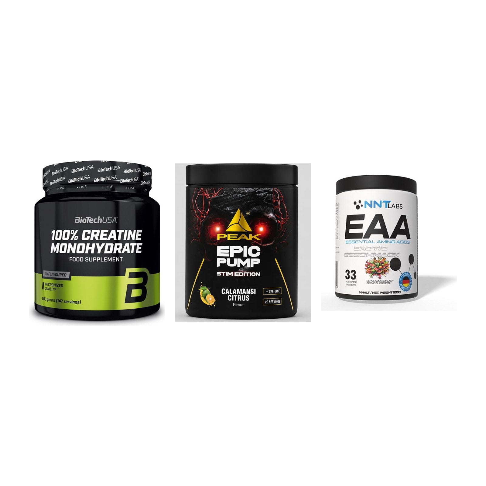 Kraft-Stack: BioTech Creatine + Peak Epic Pump + NNT EAA – alle enthaltenen Artikel