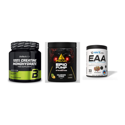 Kraft-Stack: BioTech Creatine + Peak Epic Pump + NNT EAA – alle enthaltenen Artikel