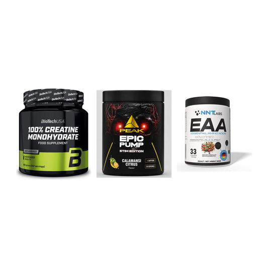 Kraft-Stack: BioTech Creatine + Peak Epic Pump + NNT EAA – alle enthaltenen Artikel