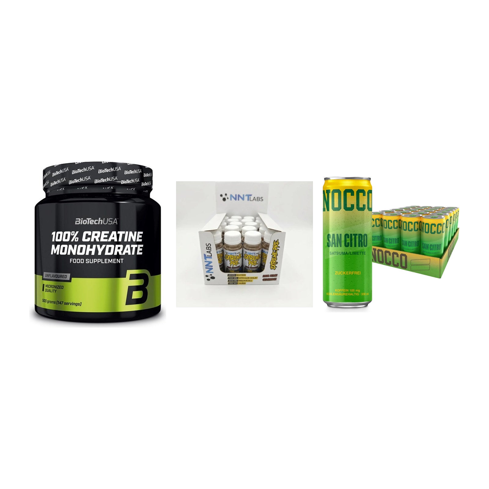 Kraft-Stack: BioTech Creatine + NNT Extreme + Nocco BCAA Drink – alle enthaltenen Artikel