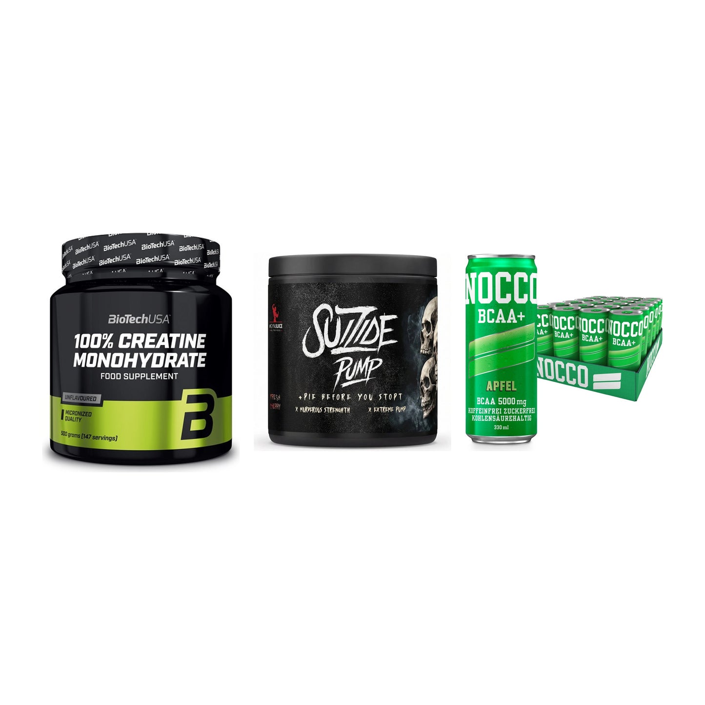 Kraft-Stack: BioTech Creatine + #GYMJUICE SUIZIDE + Nocco BCAA Drink – alle enthaltenen Artikel