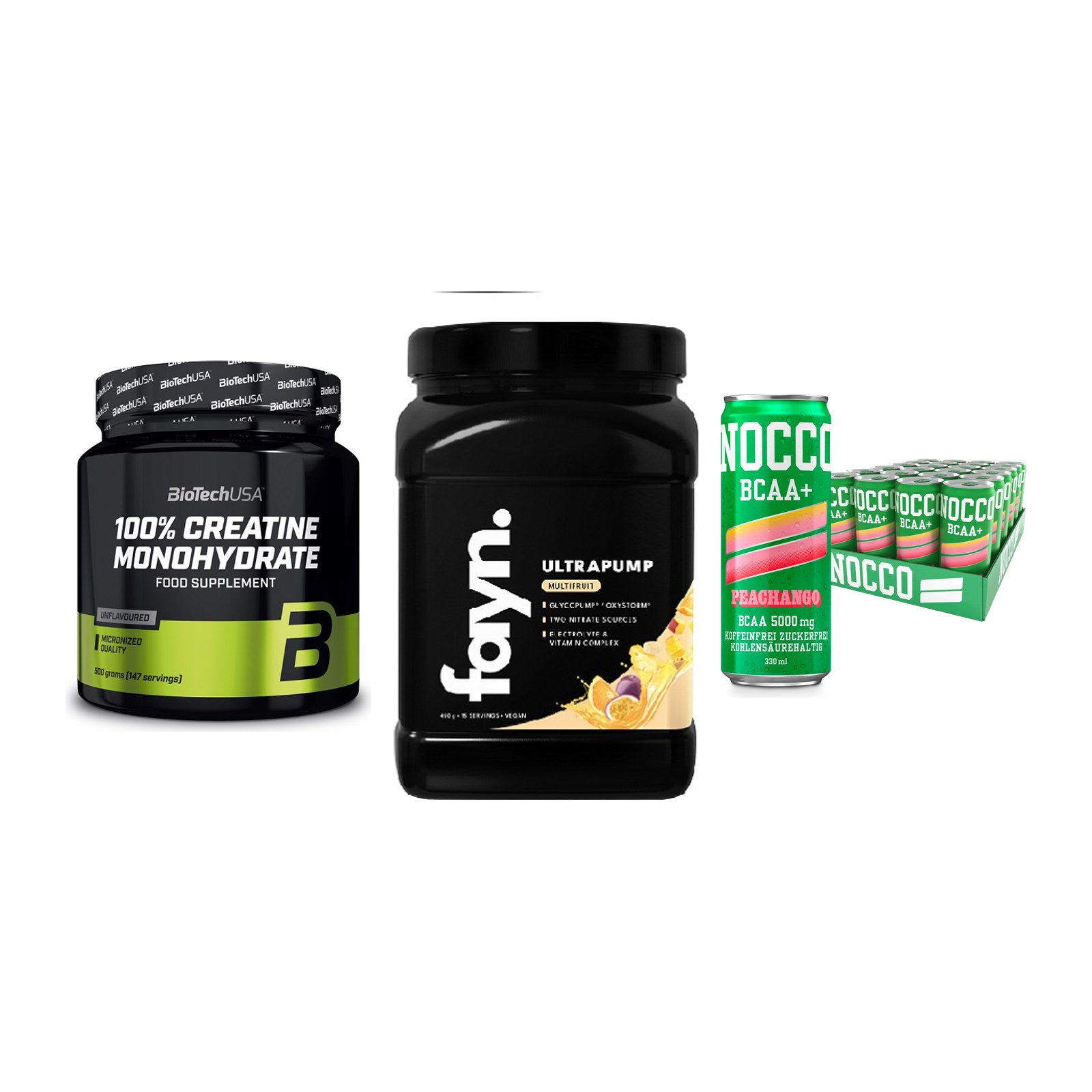 Kraft-Stack: BioTech Creatine + Fayn. Ultrapump + Nocco BCAA Drink – alle enthaltenen Artikel