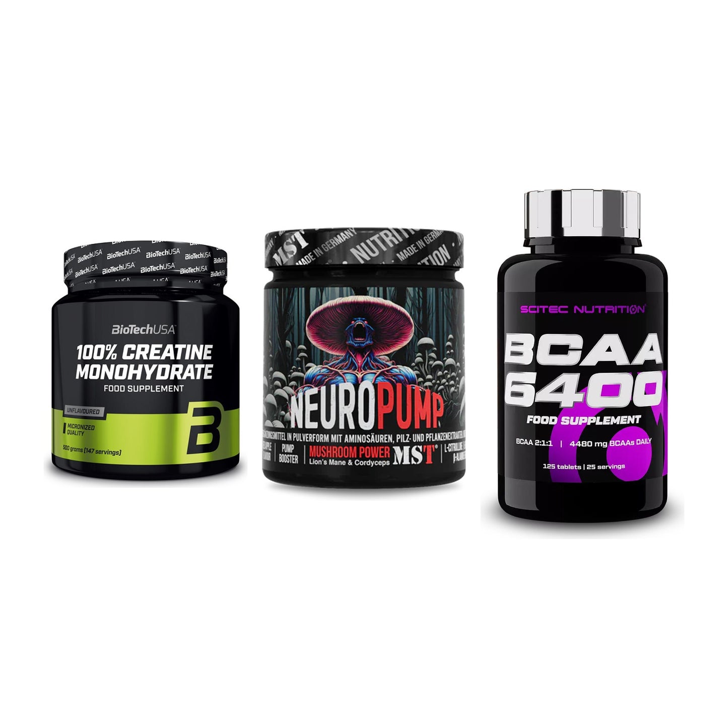 Kraft-Stack: BioTech Creatine + MST NeuroPump + Scitec BCAA 6400 – alle enthaltenen Artikel