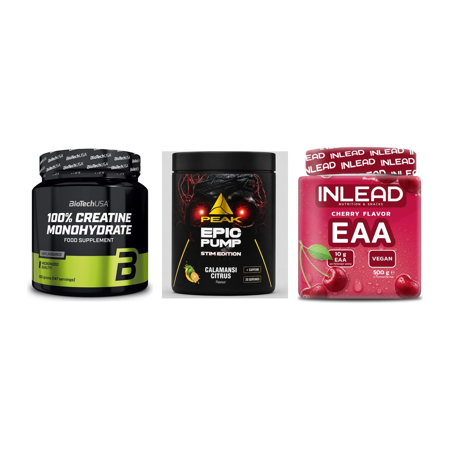 Kraft-Stack: BioTech Creatine + Peak Epic Pump + INLEAD EAA – alle enthaltenen Artikel