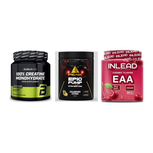 Kraft-Stack: BioTech Creatine + Peak Epic Pump + INLEAD EAA – alle enthaltenen Artikel
