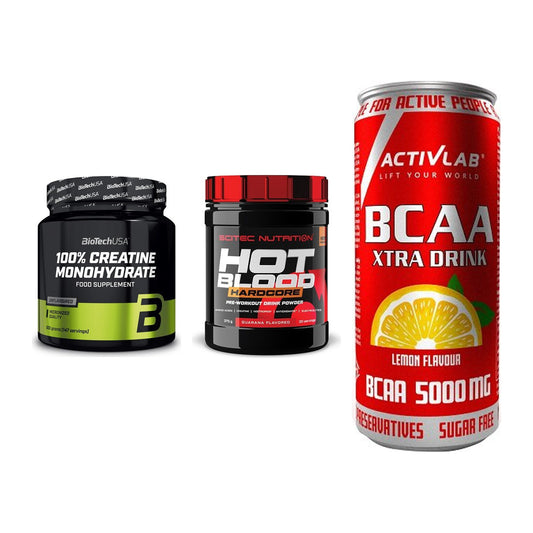 Kraft-Stack: BioTech Creatine + Scitec Hot Blood + Activlab BCAA – alle enthaltenen Artikel
