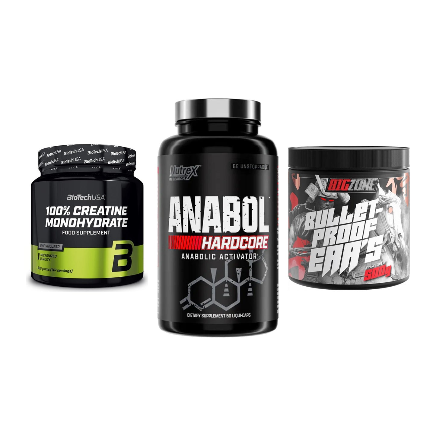 Kraft-Stack: BioTech Creatine + Nutrex Anabol + Big Zone Bulletpr – alle enthaltenen Artikel