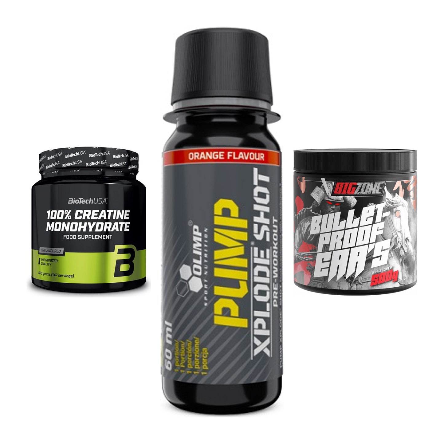 Kraft-Stack: BioTech Creatine + Olimp Pump Xplode + Big Zone Bulletpr – alle enthaltenen Artikel