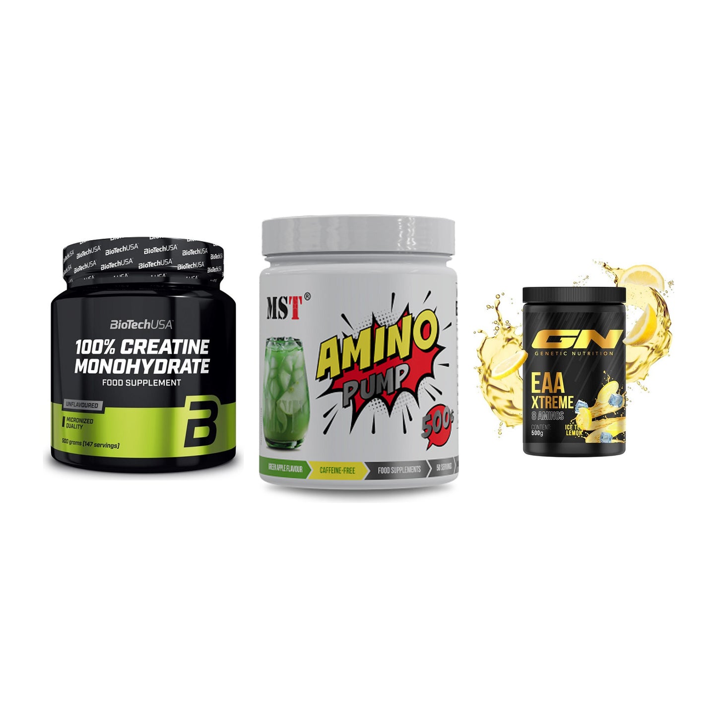 Kraft-Stack: BioTech Creatine + MST Amino Pump + GN EAA Xtreme – alle enthaltenen Artikel