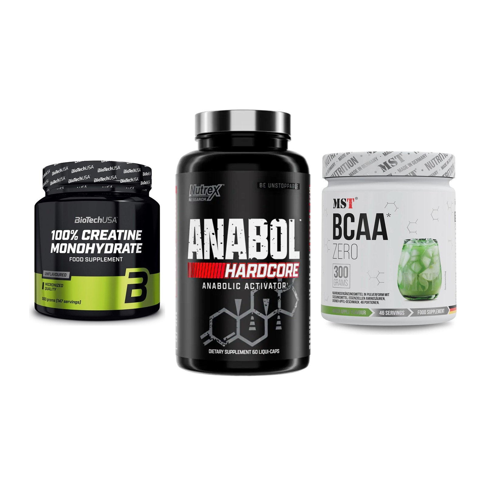 Kraft-Stack: BioTech Creatine + Nutrex Anabol + MST BCAA Zero – alle enthaltenen Artikel