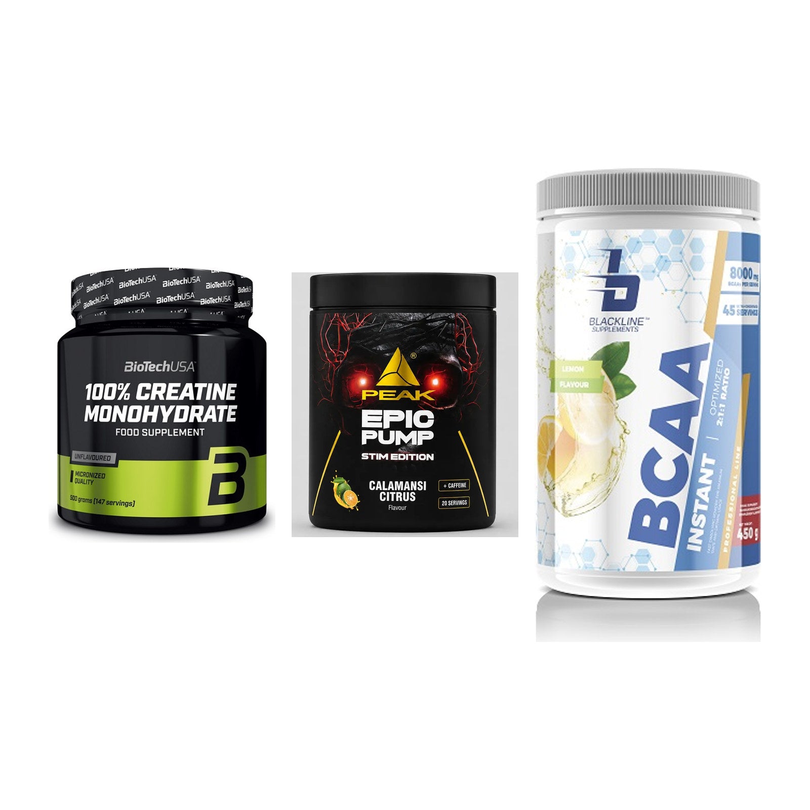 Kraft-Stack: BioTech Creatine + Peak Epic Pump + Blackline – alle enthaltenen Artikel