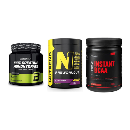 Kraft-Stack: BioTech Creatine + Nutrend N1 + Body Attack – alle enthaltenen Artikel