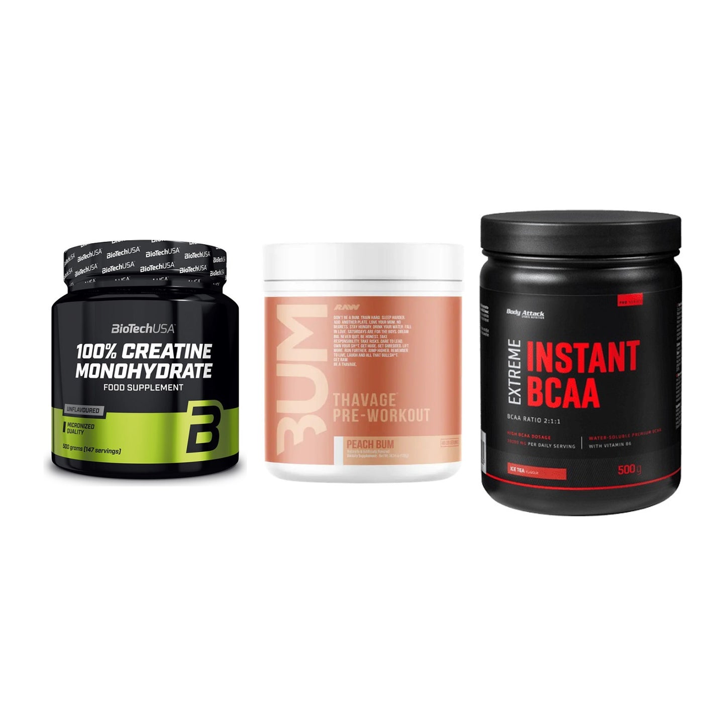 Kraft-Stack: BioTech Creatine + RAW Nutrition + Body Attack – alle enthaltenen Artikel
