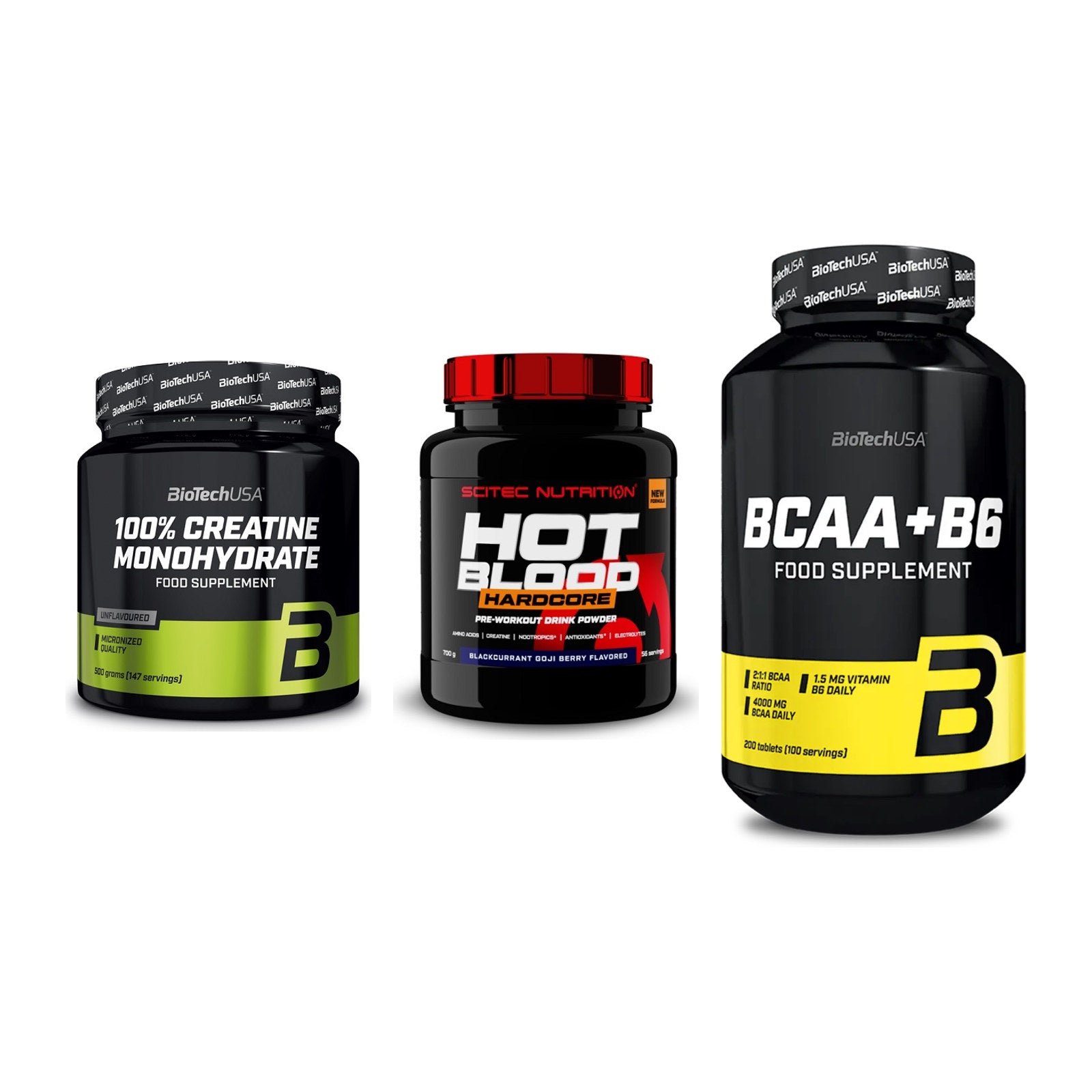 Kraft-Stack: BioTech Creatine + Scitec Hot Blood + BioTech BCAA+B6 – alle enthaltenen Artikel