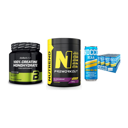 Kraft-Stack: BioTech Creatine + Nutrend N1 + Nocco BCAA Drink – alle enthaltenen Artikel