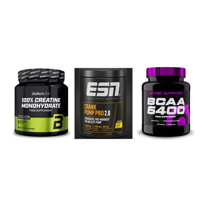 Kraft-Stack: BioTech Creatine + ESN Crank Pump + Scitec BCAA 6400 – alle enthaltenen Artikel