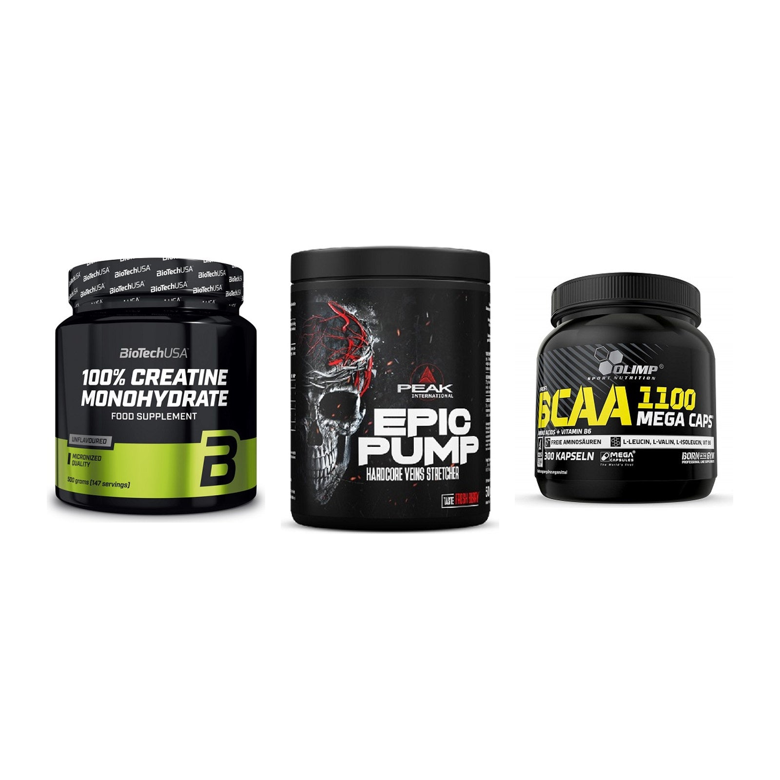 Kraft-Stack: BioTech Creatine + Peak EPIC Pump + Olimp BCAA Mega – alle enthaltenen Artikel