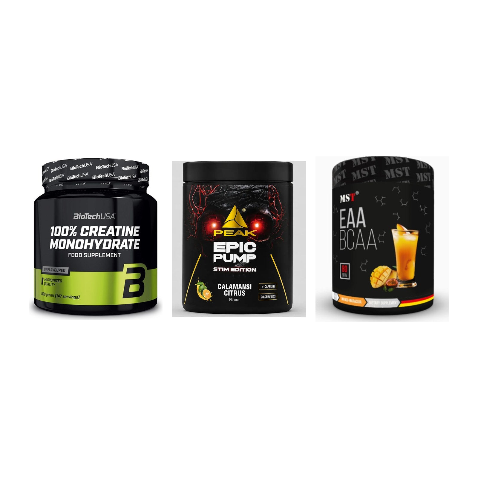 Kraft-Stack: BioTech Creatine + Peak Epic Pump + MST EAA & BCAA – alle enthaltenen Artikel