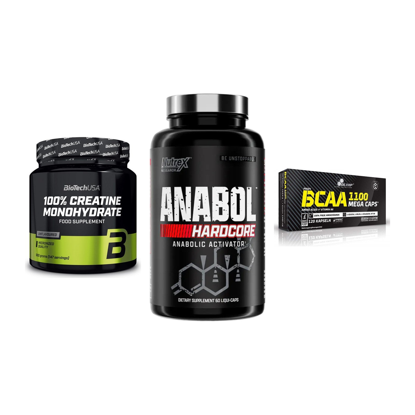 Kraft-Stack: BioTech Creatine + Nutrex Anabol + Olimp BCAA Mega – alle enthaltenen Artikel